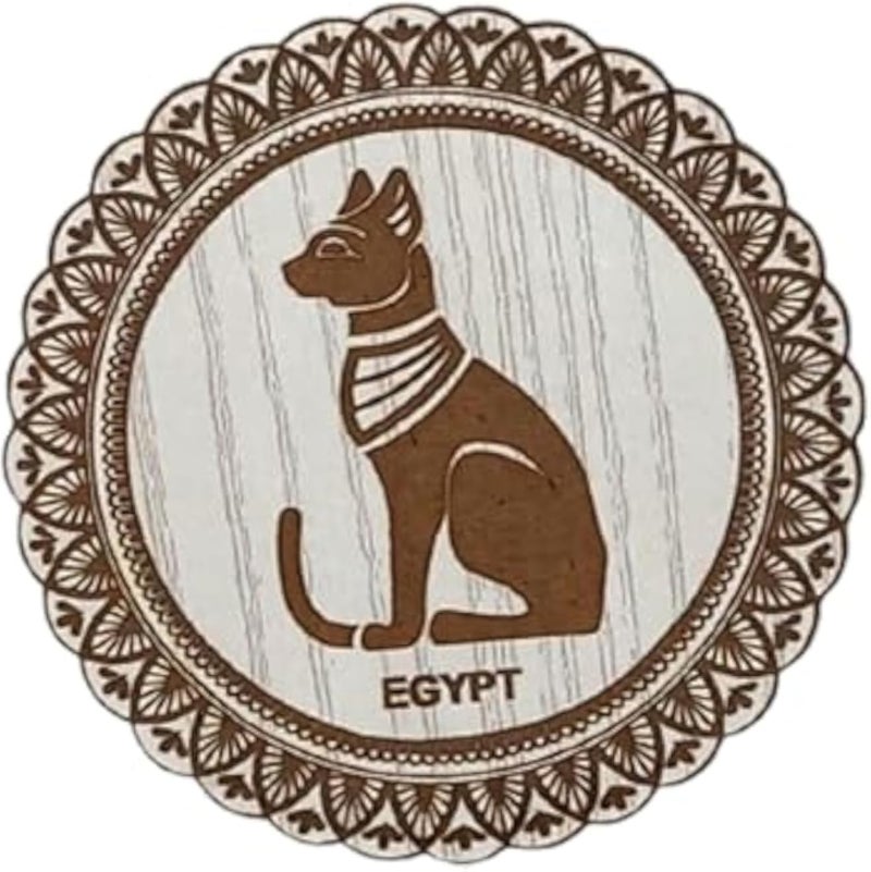 Sign & Design Wood Cup Coaster - Round Pharaonic Laser Engraved featuring the Pharaonic Cat, Thickness 6mm, 9.5 Ã— 9.5 cm - Beige